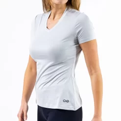 OOfos Women's COOl Down V Neck - Light Gray Heather -Oofos WhiteVNeck